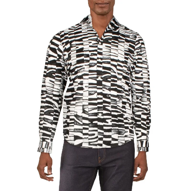 INC Mens Zion Cotton Collar Button-Down Shirt Stylish Striped Short Sleeve