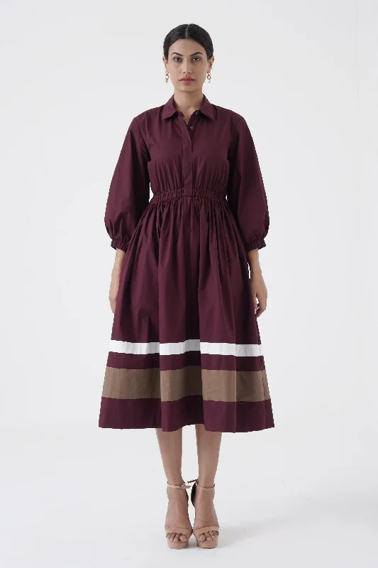 Kosher- Shirt collar waist elastic, two contrast stripe- Wine Modern Casual Short Sleeve