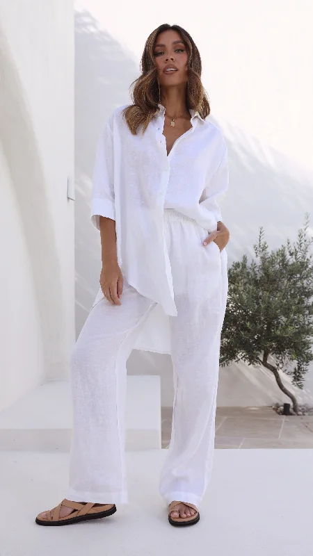 Lounge Linen Longline Shirt - White Classic Short Sleeve Blouse