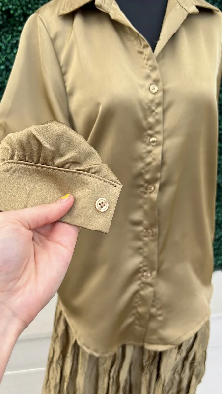 Gold Satin Button Up Shirt Trendy Tie-Front Short Shirt