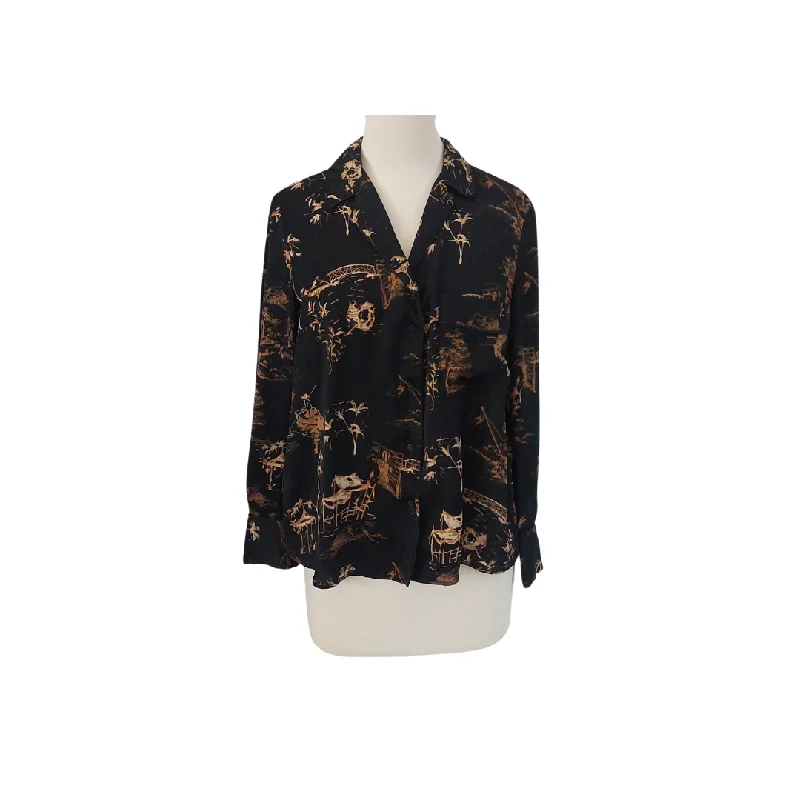 Mango Black & Mustard Printed Black Collared Shirt | Pre Loved | Comfortable Peplum Short Shirt