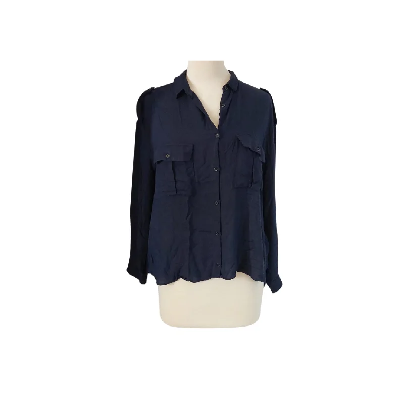 Mango Navy Soft Collared Shirt | Pre Loved | Chic V-Neck Short Blouse