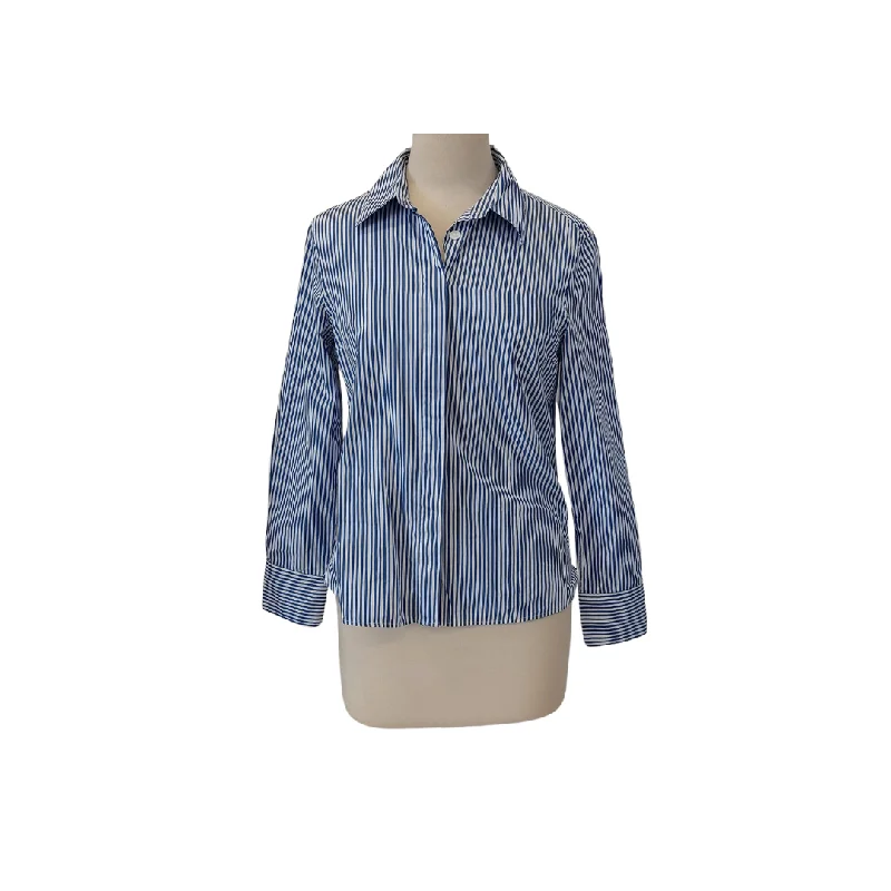 Marks & Spencer Blue & White Striped Collared Shirt | Like New | Chic Embellished Short Sleeve
