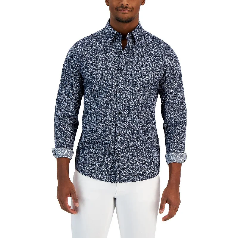 Michael Kors Mens Slim Fit Printed Button-Down Shirt Cozy Striped Short Sleeve