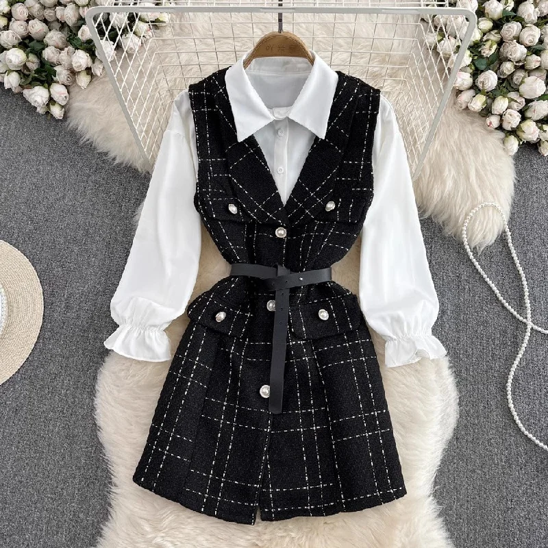 mid-length two-piece white shirt      S4023 Casual Button-Up Short Tee