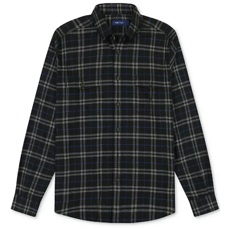 Nautica Mens Flannel Plaid Button-Down Shirt Classic Solid Short Shirt