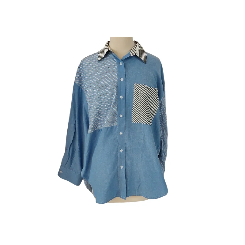 New Look Blue & Black Striped Collared Shirt | Gently Used | Stylish Printed Short Shirt