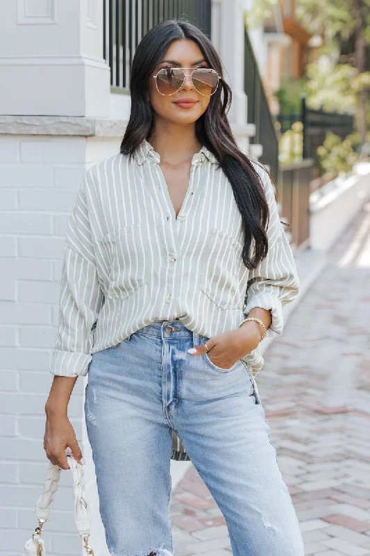 Olive Striped Button Down Shirt - FINAL SALE Cozy Linen Short Shirt
