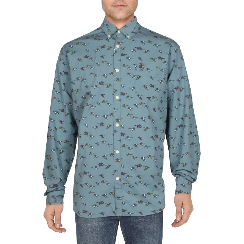 Penguin By Munsingwear Mens Print Woven Button-Down Shirt Elegant Longline Short Shirt