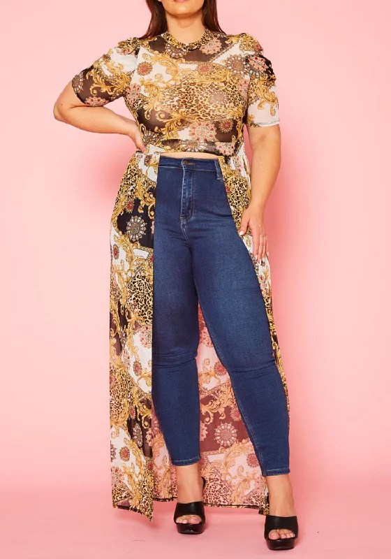 Hi Curvy Plus Size Women Animal Print Chiffon Hi-Low Shirts Comfortable Short Sleeve Tunic