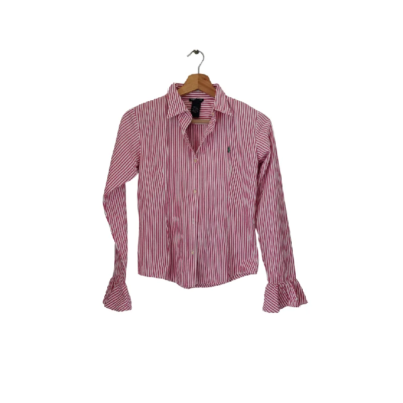 Ralph Lauren Women's Pink & White Striped Pink-tuck Collared Shirt | Pre Loved | Casual Ruffle Short Shirt