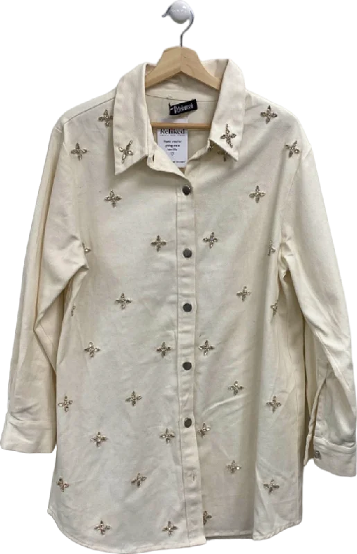Rdalamal Cream Embroidered Shirt Large Relaxed Fit Short Blouse