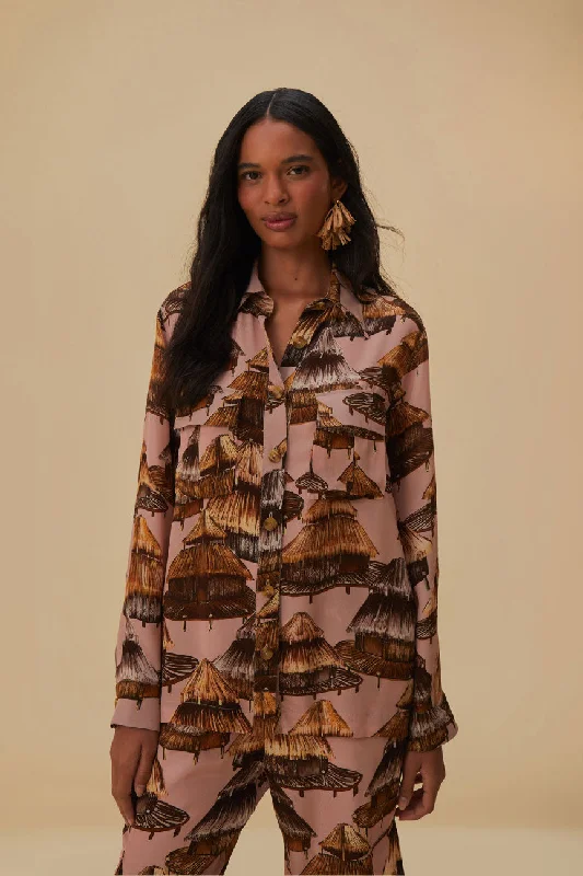 Shuhu Beige Cargo Shirt Stylish Pleated Short Sleeve
