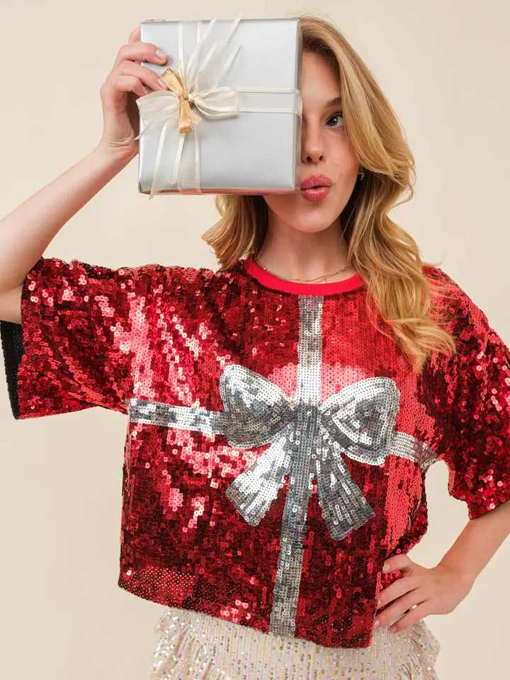 Sequin Gift Wrapped Present Tee Welt Pockets Slit Pockets