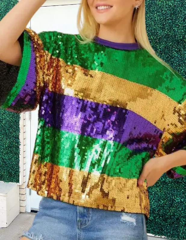 Striped Sequin Mardi Gras Tee Basic T-Shirt Crew Neck Short Sleeve