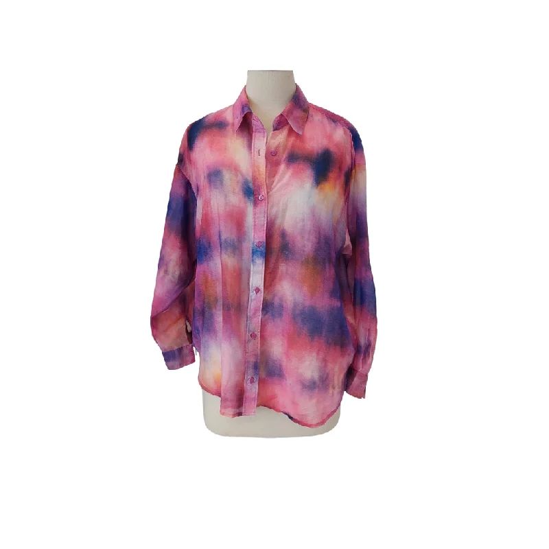 Stradivarious Pink Tie Dye Sheer Collared Shirt | Gently Used | Fashionable Tied Short Sleeve