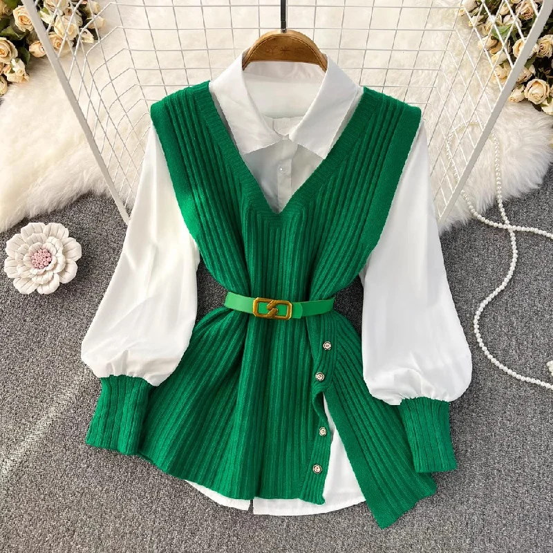 white shirt tops for women knitted vest two-piece set S4047 Stylish Round Neck Shirt white shirt tops for women knitted vest two-piece set S4047 Stylish Round Neck Shirt