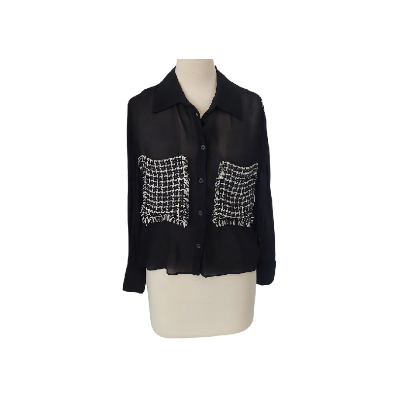 Zara Black Sheer Houndstooth Crochet Collared Shirt | Pre Loved | Soft Silk Short Sleeve