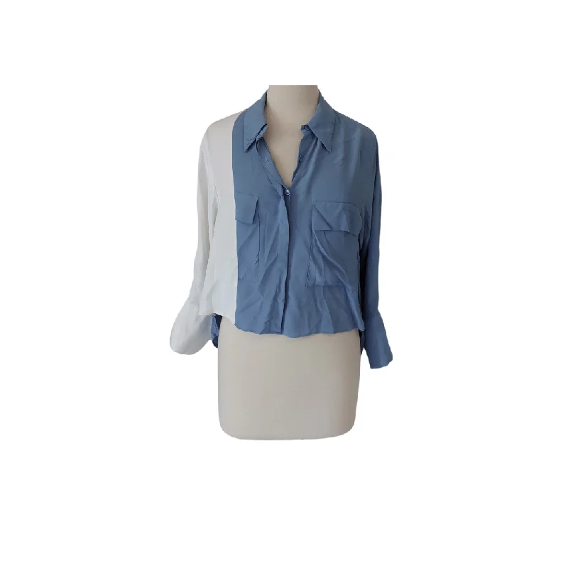 Zara Blue & White Colour-Block Collared Shirt | Pre Loved | Stylish Split-Hem Short Shirt