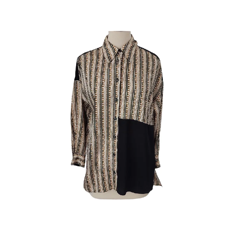 Zara Cream, Black & Green Chain Printed Satin Collared Shirt | Gently Used | Relaxed Fit Short Tunic