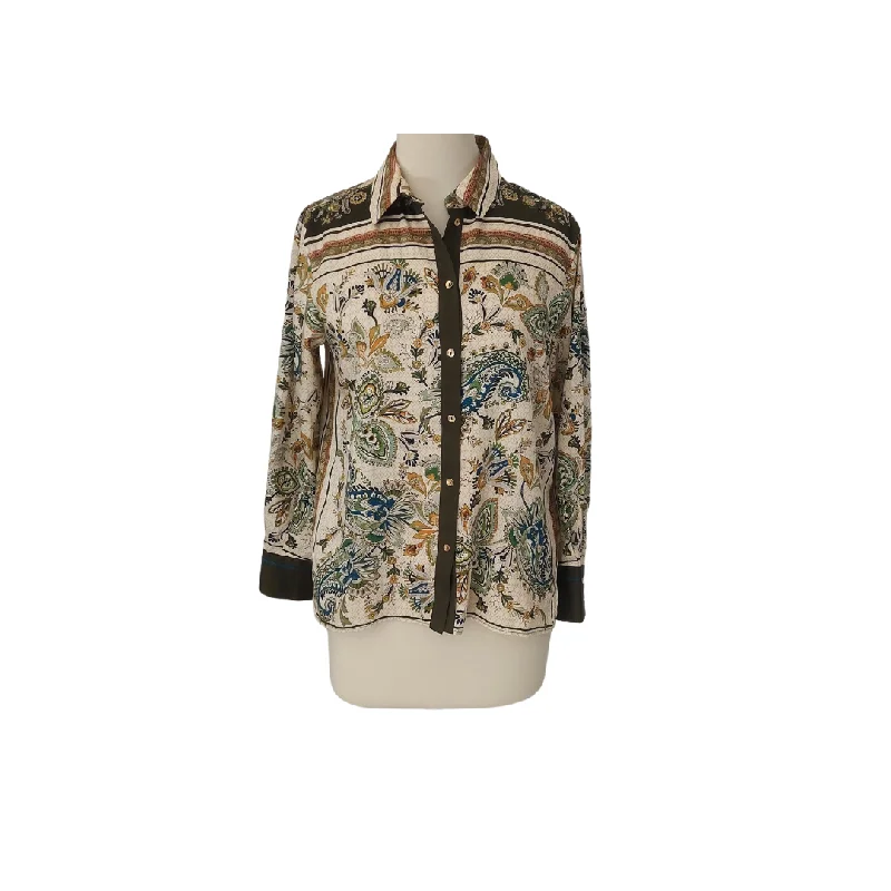 Zara Cream & Green Printed Collared Shirt | Pre Loved | Casual Boxy Short Shirt