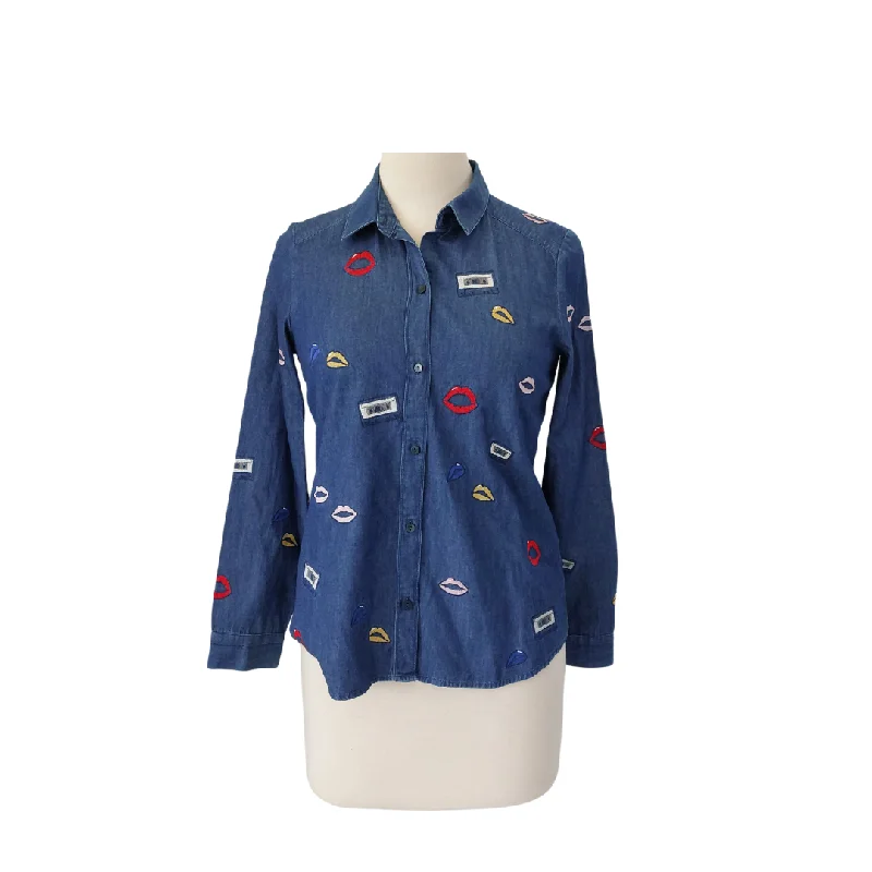 Zara Trafaluc Lips & Cassettes Embroidered Motifs Denim Shirt | Gently Used | Relaxed Button-Down Short Shirt