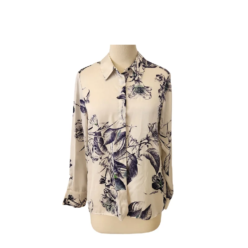 ZARA White & Blue Floral Printed Satin Collared Shirt | Brand New | Fashionable Rounded Short Shirt