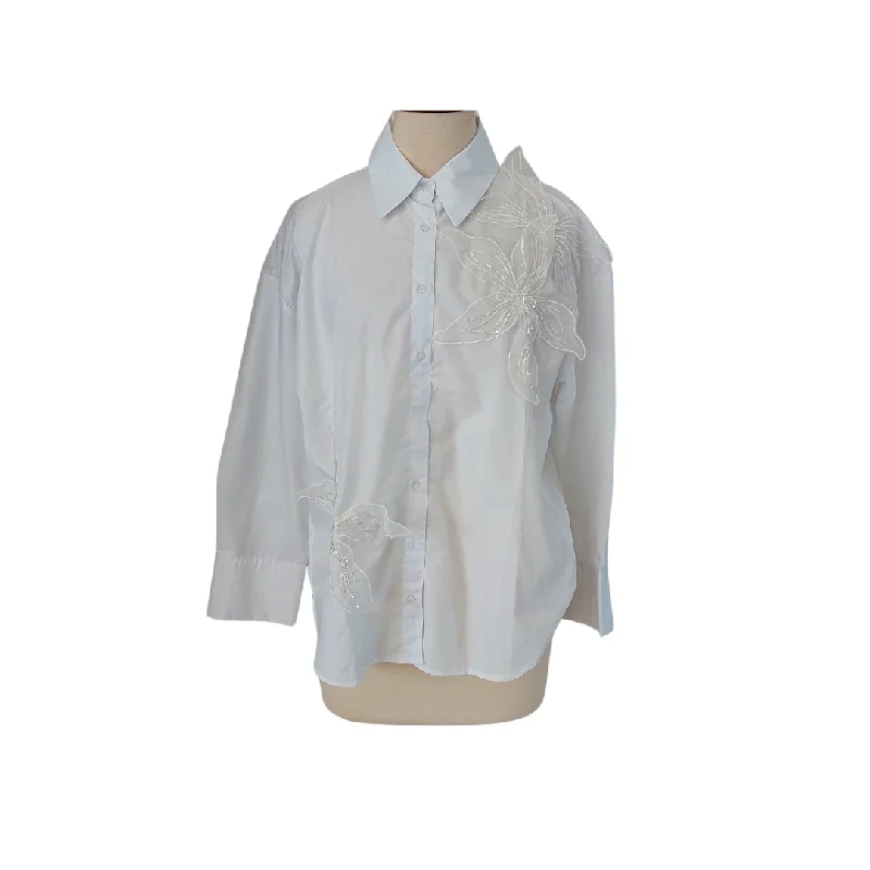 ZARA White Large Floral Applique Collared Shirt | Gently Used | Classic Button-Up Short Tee