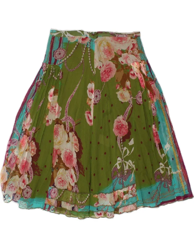BLUMARINE Womens A-Line Skirt IT 40 Small W29  Green Floral Silk wool skirt thick