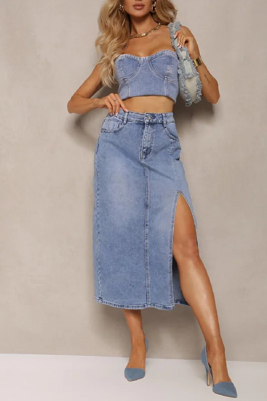 Brandye Blue Denim Midi Skirt denim skirt trendy