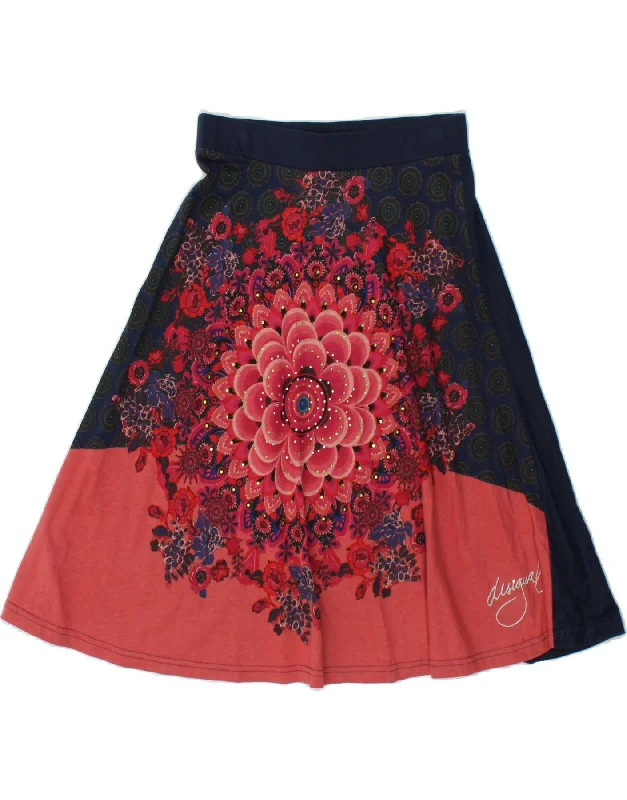 DESIGUAL Womens A-Line Skirt UK 6 XS W25 Navy Blue Floral Cotton