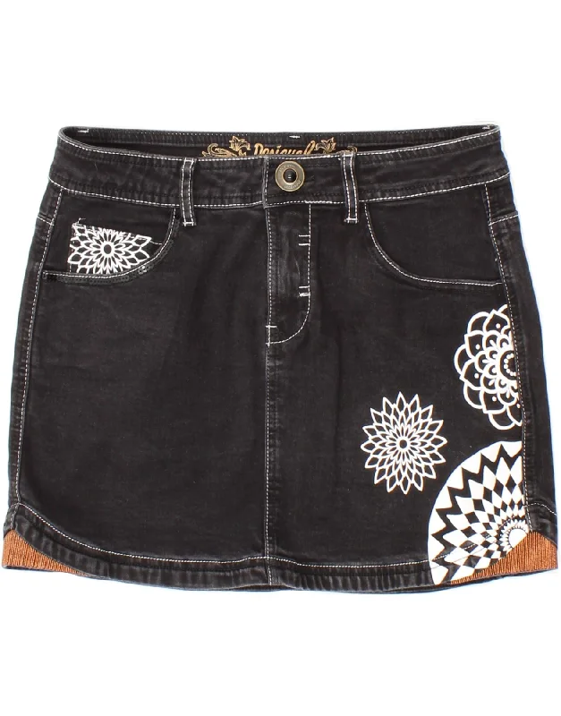 DESIGUAL Womens Graphic Denim Skirt EU 38 Medium W28 Black Polyester floral skirt print