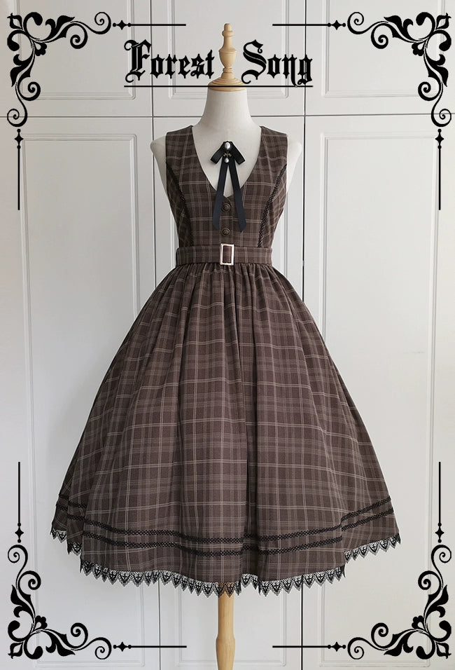 (Buyforme)Forest Song~Grena's Poems V-Neck Plaid Jumper Skirt maxi skirt elegant