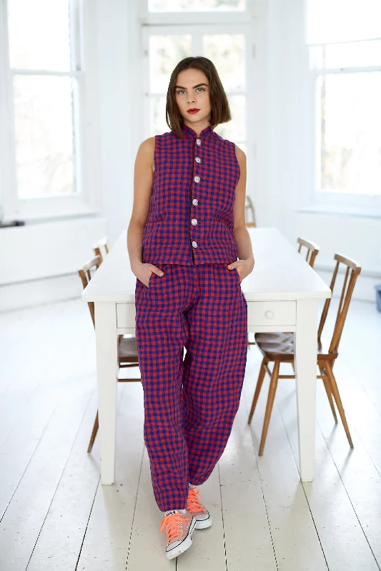 Hove Trouser in Red and Blue Gingham Irish Linen Trousers Yoga Stretchy