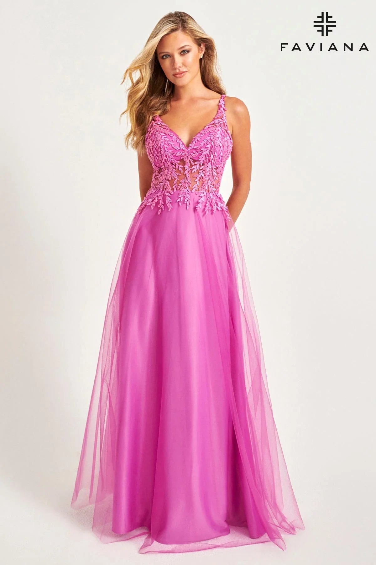 Faviana 11055 Tulle Applique V-Neck with Full Skirt