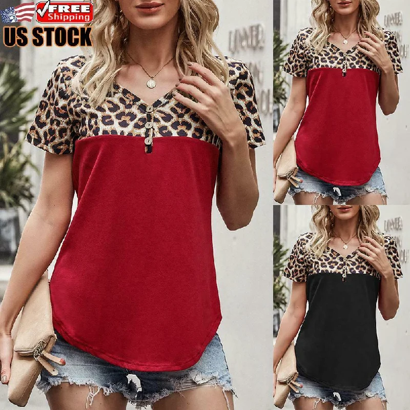 V Neck Button Casual Tee Tops Striped Floral Plaid