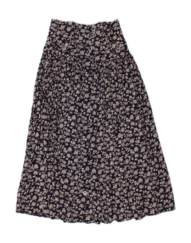 VINTAGE Womens A-Line Skirt W30 Medium  Navy Blue Floral pleated skirt texture