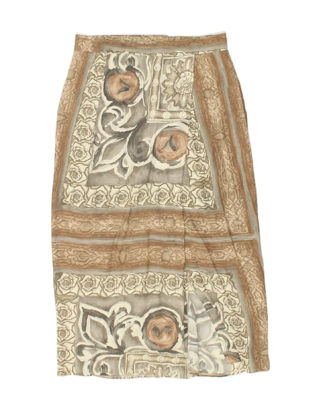 VINTAGE Womens Midi Skirt UK 14 Medium W28 Beige Floral Viscose zip skirt side