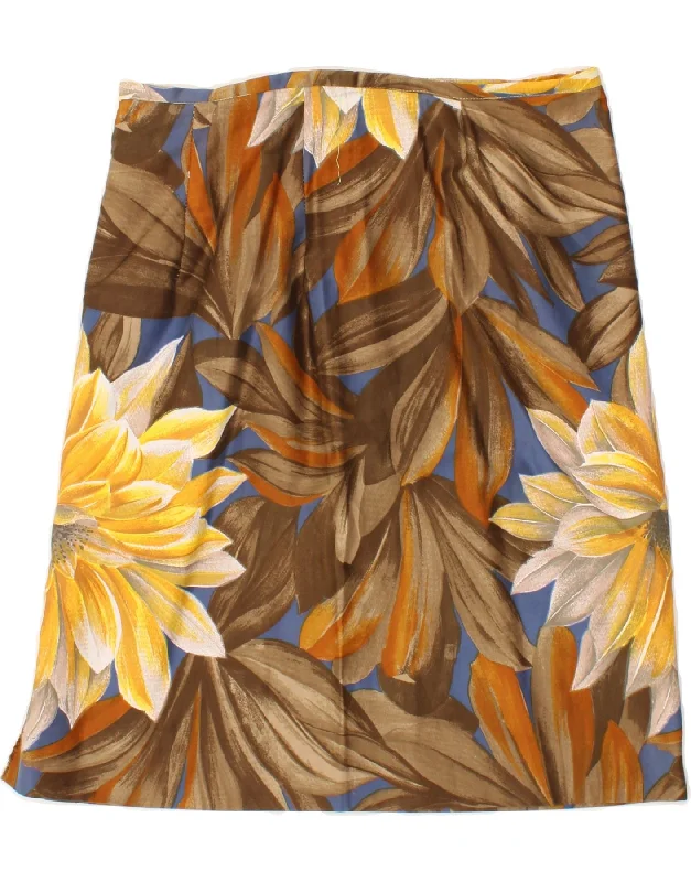 VINTAGE Womens Midi Skirt W30 Medium Brown Floral high slit skirt