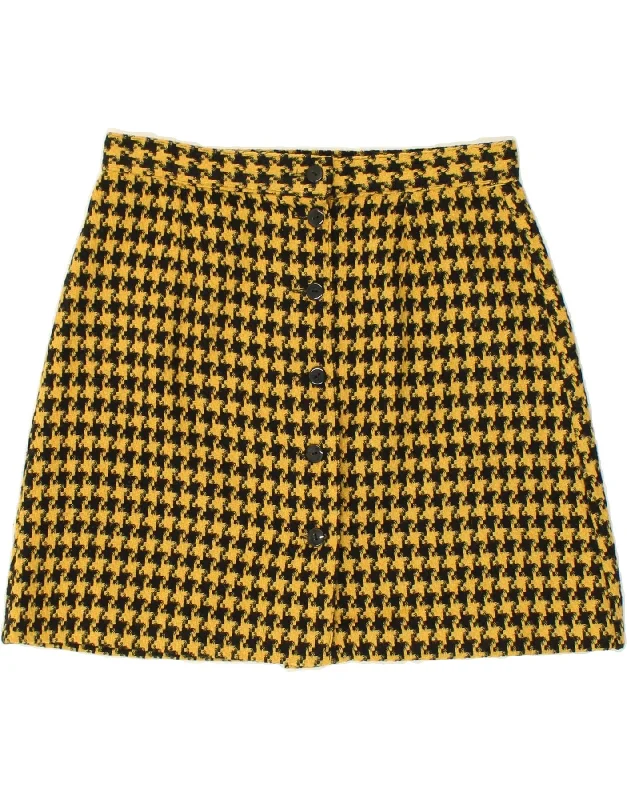 VINTAGE Womens Mini Skirt Large W28  Yellow Houndstooth Wool