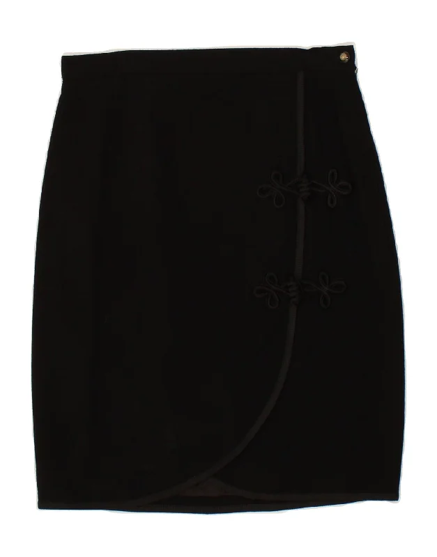 VINTAGE Womens Pencil Skirt W28 Medium Black Virgin Wool button skirt front