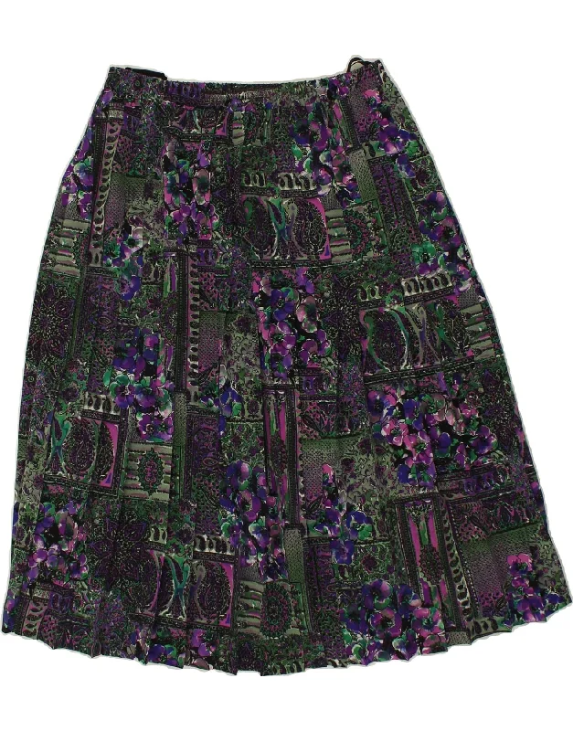 VINTAGE Womens Pleated A-Line Skirt IT 46 Large W32 Green Floral Polyester