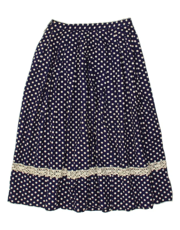 VINTAGE Womens Pleated Skirt W28 Medium Navy Blue Polka Dot