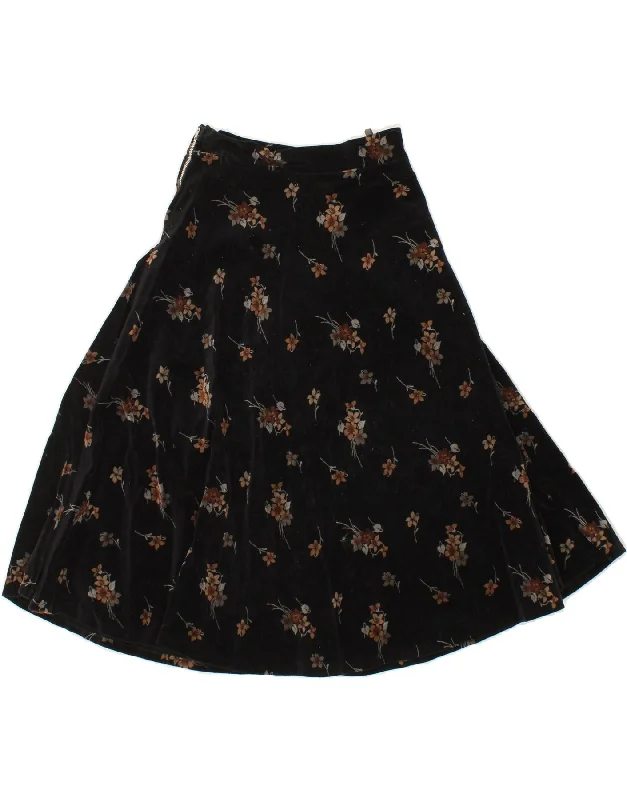 VINTAGE Womens Velvet A-Line Skirt W22 2XS Black Floral satin skirt smooth