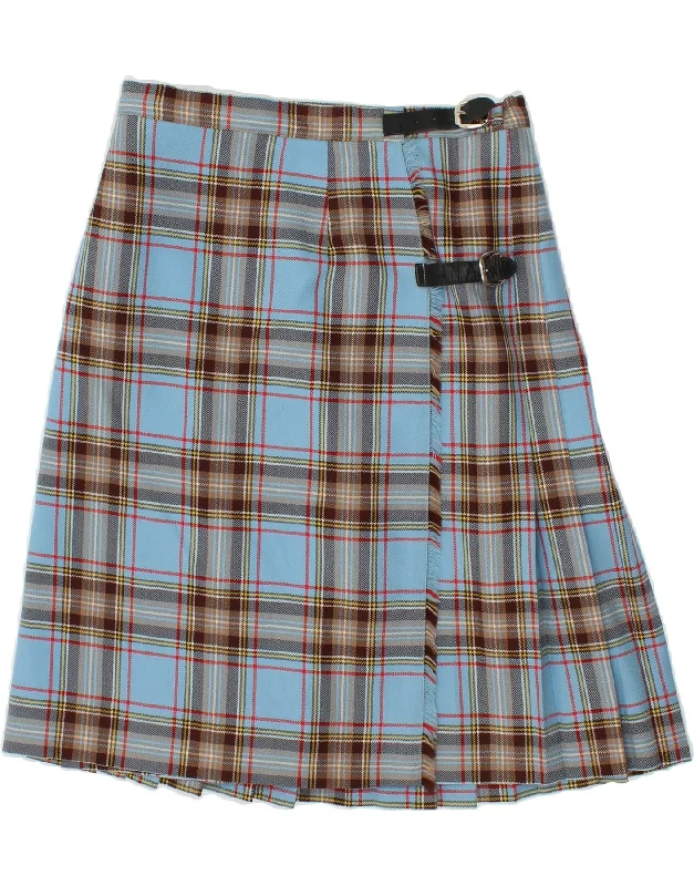 VINTAGE Womens Wrap Skirt W28 Medium Blue Plaid New Wool wool skirt sturdy