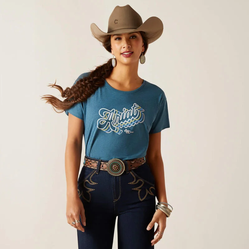 Ariat Wms Rainbow Script SS T Shirt Steel Blue Heather