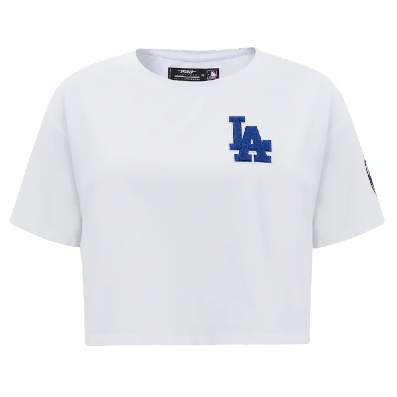 MLB LOS ANGELES DODGERS CLASSIC WOMEN'S BOXY TEE (WHITE) Mesh Blend Leather Blend Suede Blend MLB LOS ANGELES DODGERS CLASSIC WOMEN'S BOXY TEE (WHITE) Mesh Blend Leather Blend Suede Blend