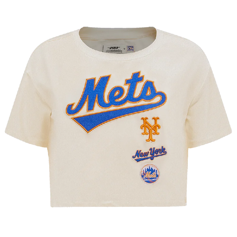 MLB NEW YORK METS RETRO CLASSIC WOMEN'S BOXY TEE (EGGSHELL) Print Jacquard Patchwork MLB NEW YORK METS RETRO CLASSIC WOMEN'S BOXY TEE (EGGSHELL) Print Jacquard Patchwork