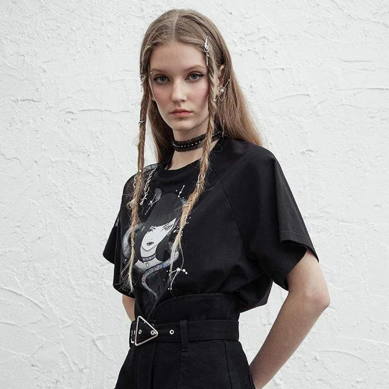 Women's Grunge Hell Girl Printed Casual Tees with Metal Chain Knit Fabric Woven Fabric Fleece Fabric Women's Grunge Hell Girl Printed Casual Tees with Metal Chain Knit Fabric Woven Fabric Fleece Fabric