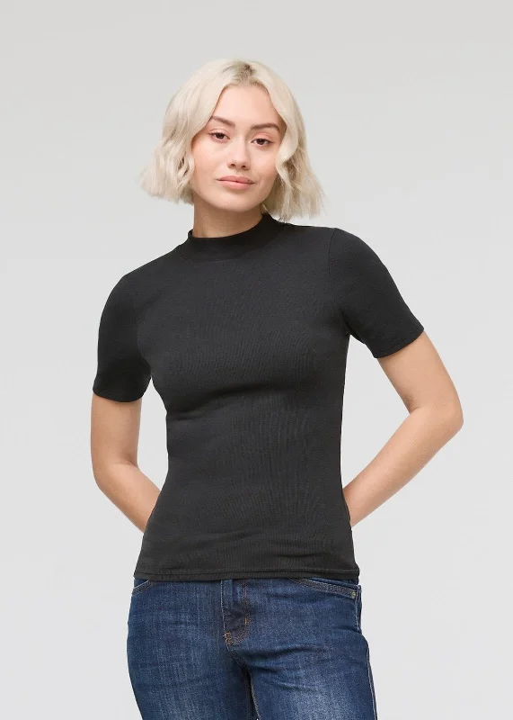 Ribbed Pima Mock Neck Tee - Black